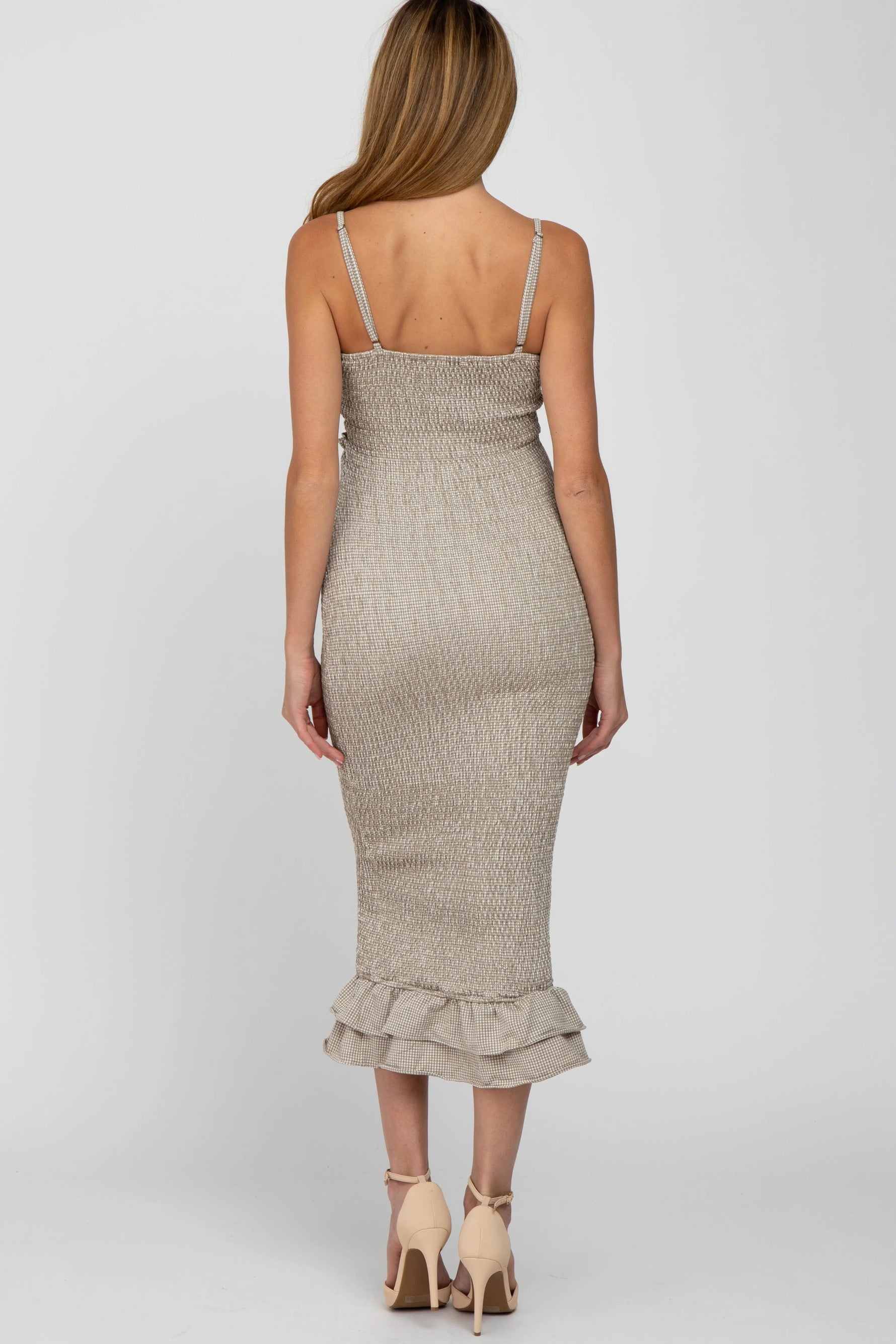 PinkBlush Mocha Gingham Print Smocked Fitted Self - Tie Maternity Midi Dress - 