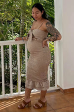PinkBlush Mocha Gingham Print Smocked Fitted Self - Tie Maternity Midi Dress - 