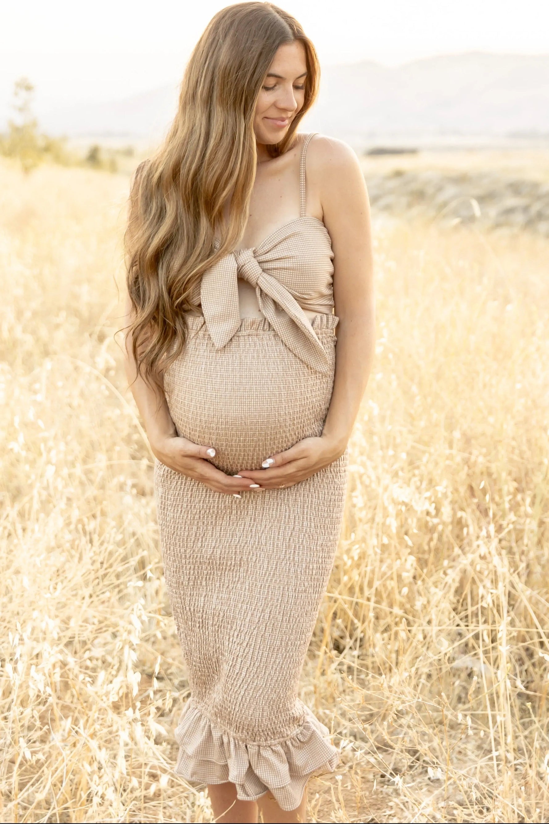 PinkBlush Mocha Gingham Print Smocked Fitted Self - Tie Maternity Midi Dress - 