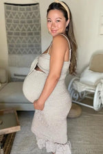 PinkBlush Mocha Gingham Print Smocked Fitted Self - Tie Maternity Midi Dress - 