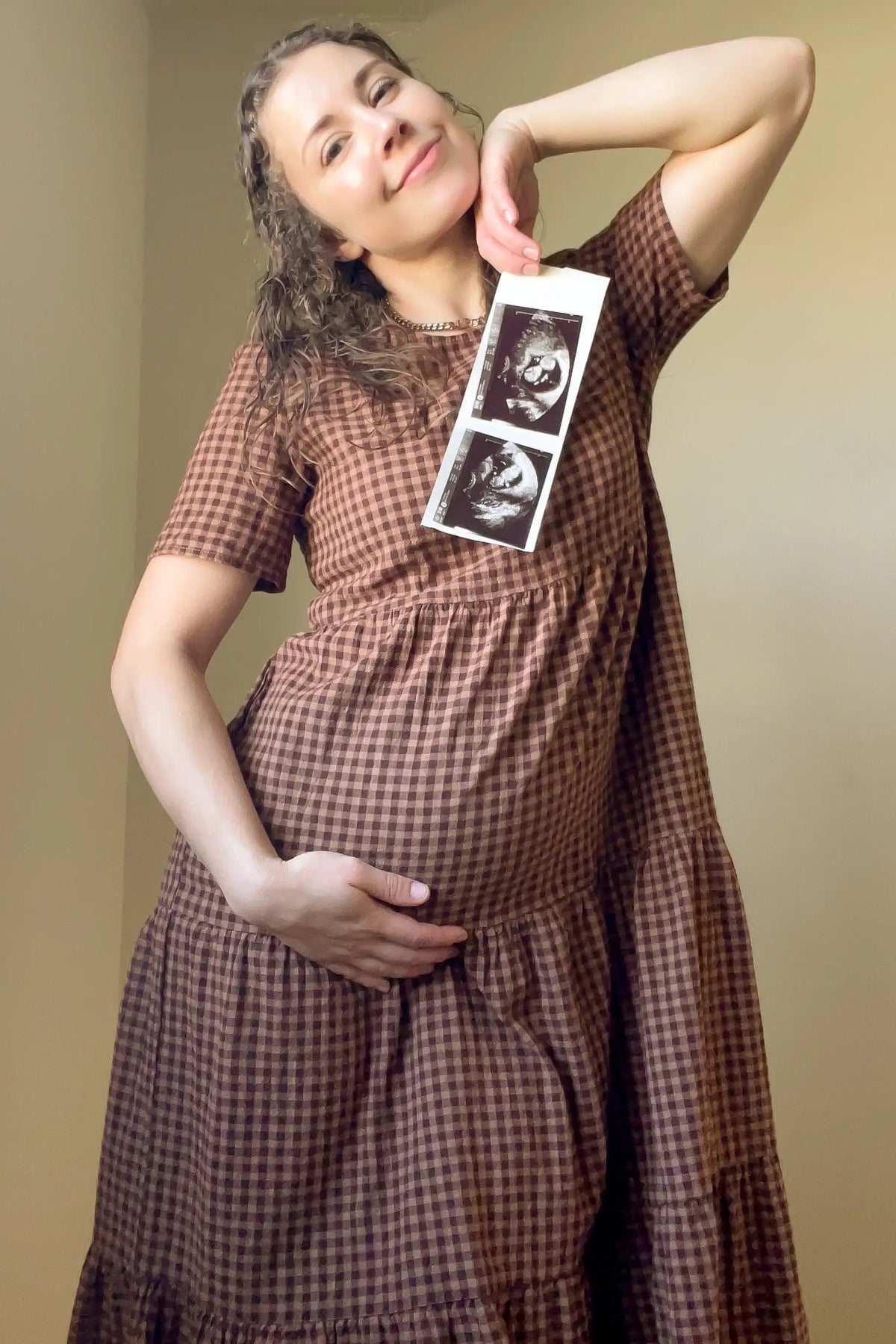 Mocha Gingham Tiered Maternity Midi Dress PinkBlush 