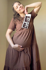 Mocha Gingham Tiered Maternity Midi Dress PinkBlush 