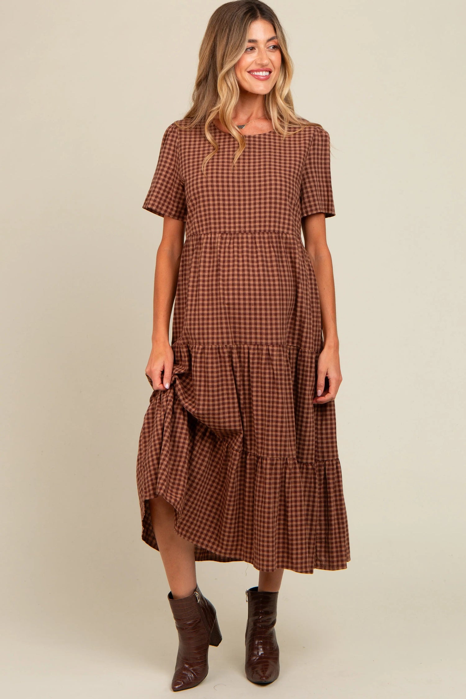 Mocha Gingham Tiered Maternity Midi Dress PinkBlush 