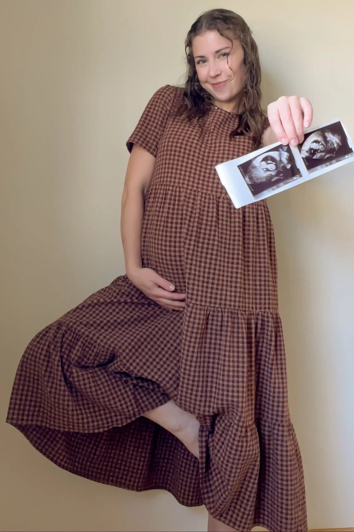 Mocha Gingham Tiered Maternity Midi Dress PinkBlush 