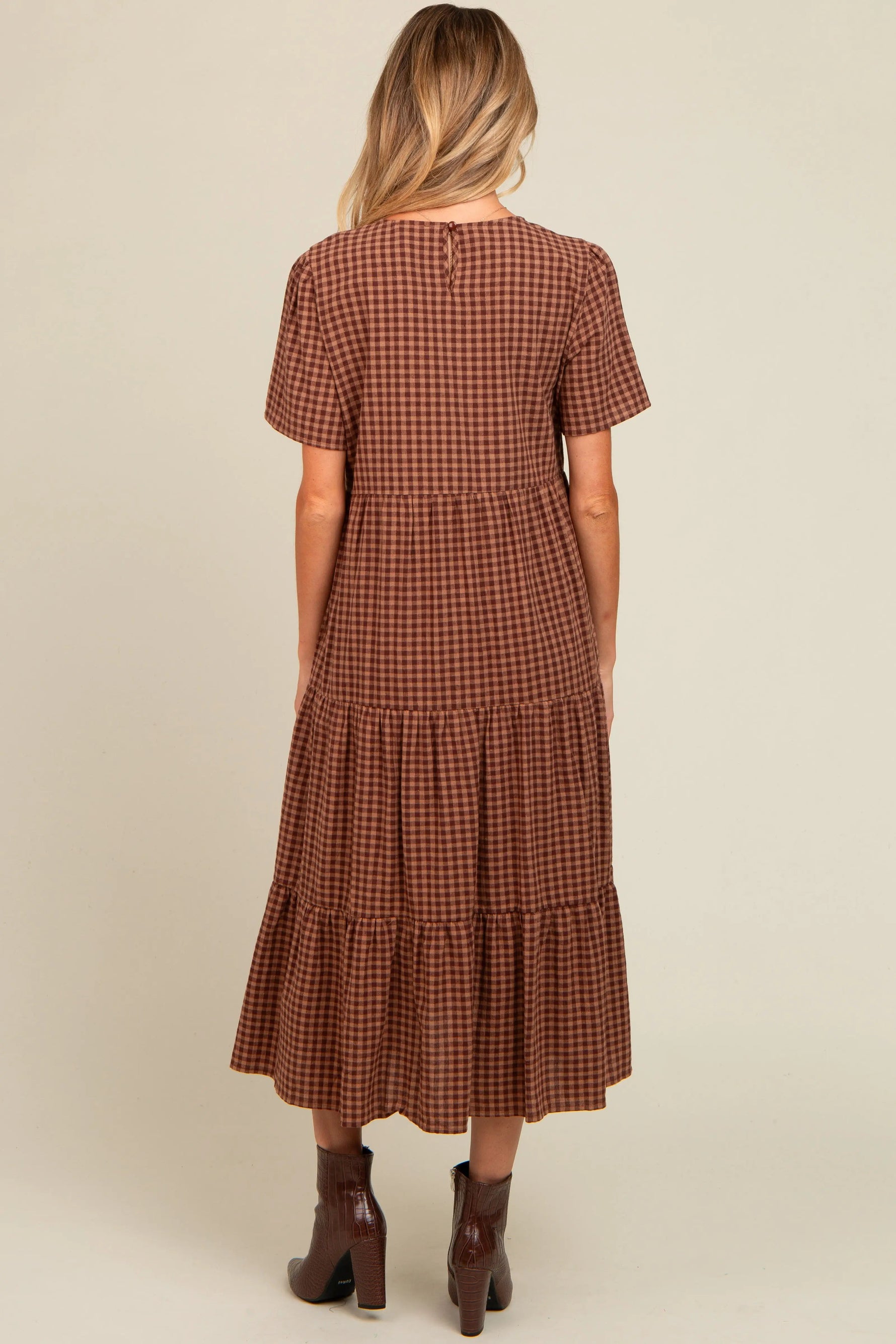 Mocha Gingham Tiered Maternity Midi Dress PinkBlush 