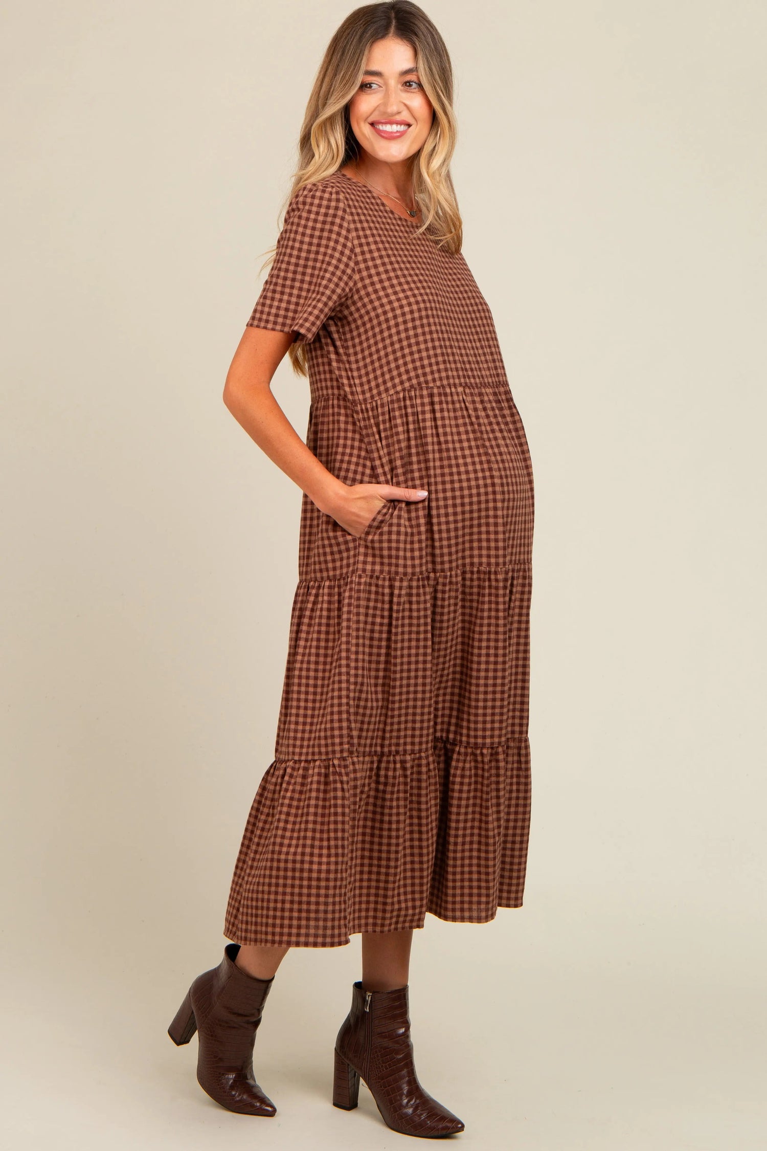 Mocha Gingham Tiered Maternity Midi Dress PinkBlush 