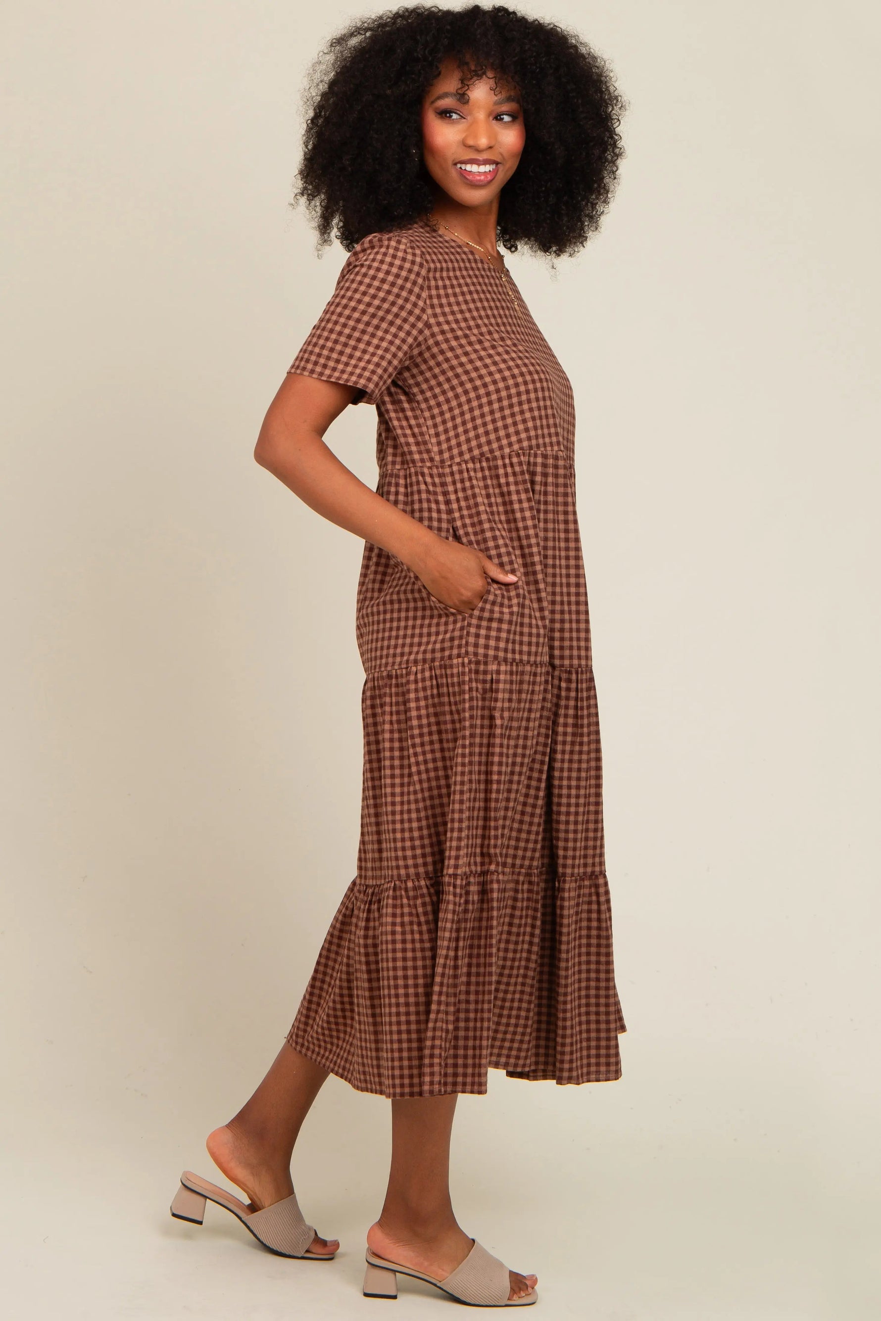 Mocha Gingham Tiered Midi Dress PinkBlush 
