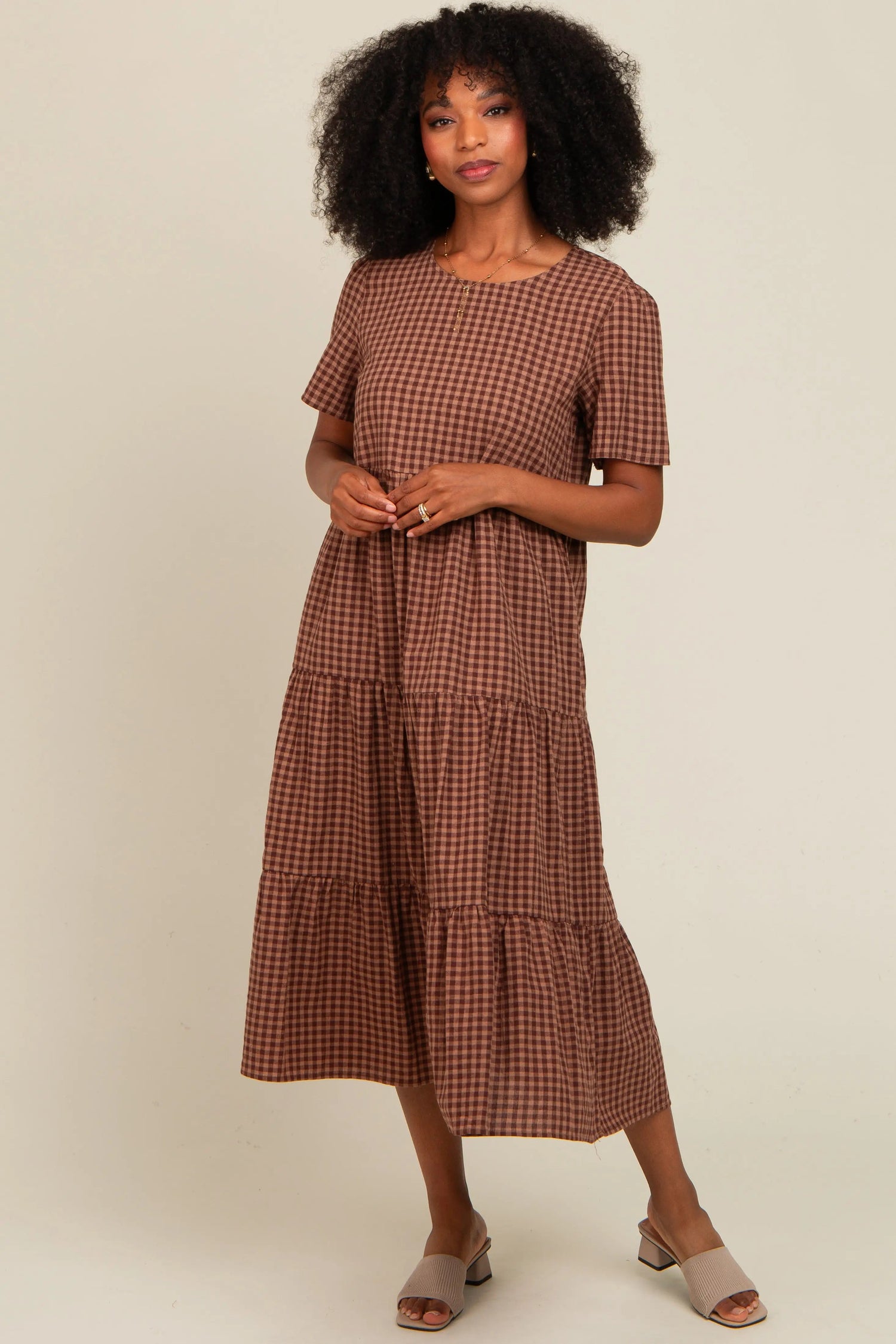 Mocha Gingham Tiered Midi Dress - Day Dress, Person, Sandal, Shoe, High heels | Everetts Place