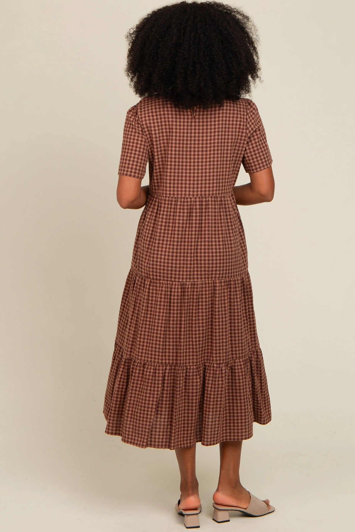 Mocha Gingham Tiered Midi Dress PinkBlush 