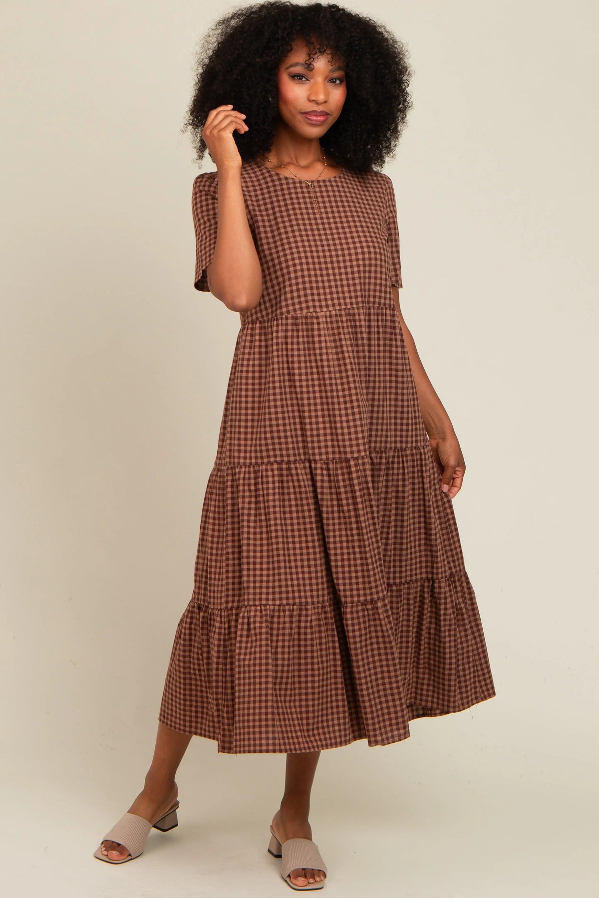 Mocha Gingham Tiered Midi Dress PinkBlush 