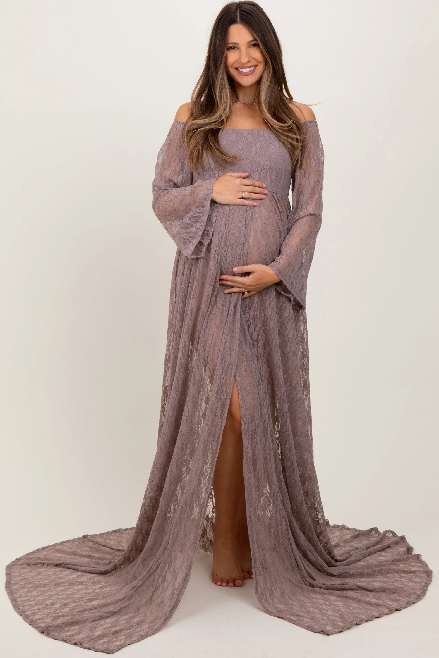 PinkBlush Mocha Lace Off Shoulder Maternity Photoshoot Gown/Dress - 