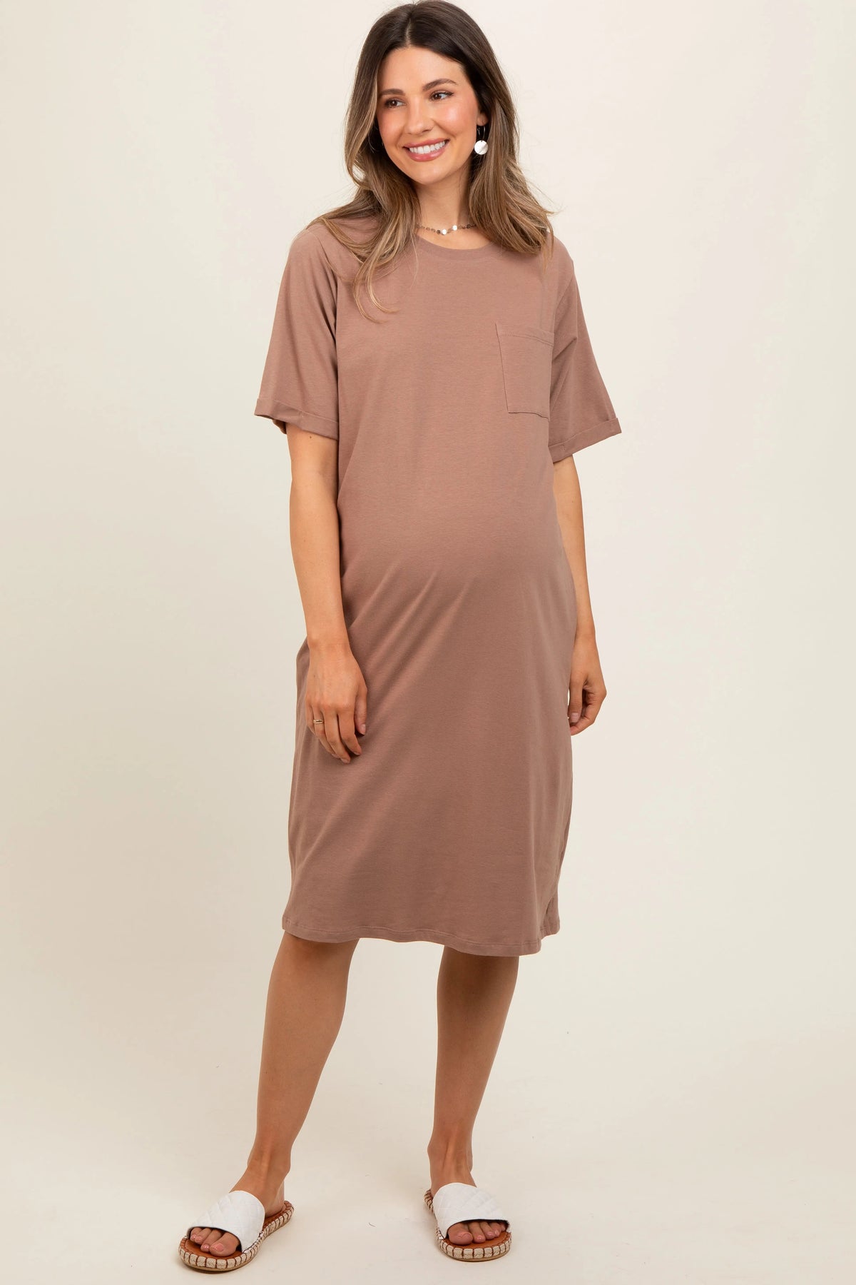 PinkBlush Mocha Oversized Round Neck T-Shirt Maternity Dress - 