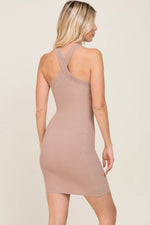 PinkBlush Mocha Ribbed Knit Halter Neck Fitted Dress - 