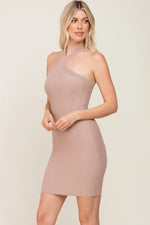 PinkBlush Mocha Ribbed Knit Halter Neck Fitted Dress - 