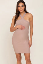 Mocha Ribbed Knit Halter Neck Maternity Fitted Dress - Dress, Shoulder, Cocktail dress, One-piece garment, Fashion | Everetts Place