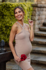 PinkBlush Mocha Ribbed Knit Halter Neck Maternity Fitted Dress - 