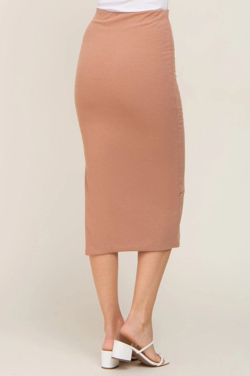 PinkBlush Mocha Ribbed Midi Skirt with Side Slit for Stylish Women - 