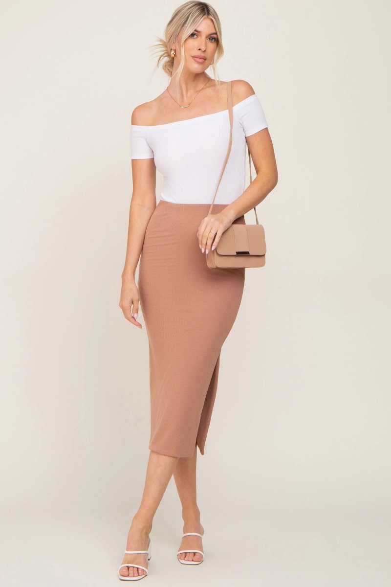 PinkBlush Mocha Ribbed Midi Skirt with Side Slit for Stylish Women - 
