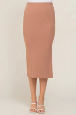 PinkBlush Mocha Ribbed Midi Skirt with Side Slit for Stylish Women - 
