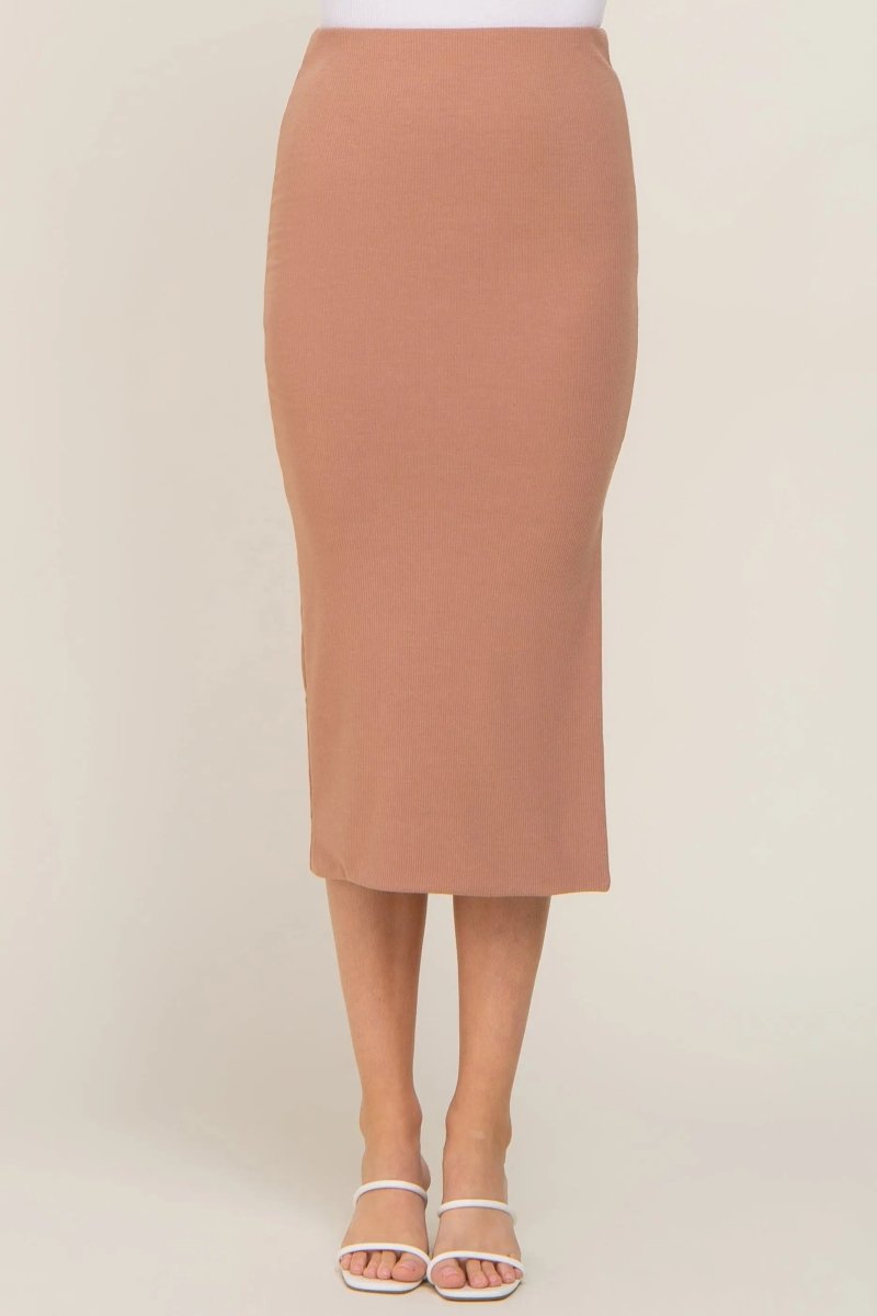 PinkBlush Mocha Ribbed Midi Skirt with Side Slit for Stylish Women - 