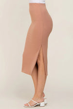 PinkBlush Mocha Ribbed Midi Skirt with Side Slit for Stylish Women - 