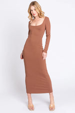 Mocha Ribbed Scoop Neck Midi Dress - Neck, Waist, One-piece garment, Day Dress, Cocktail dress | Everetts Place