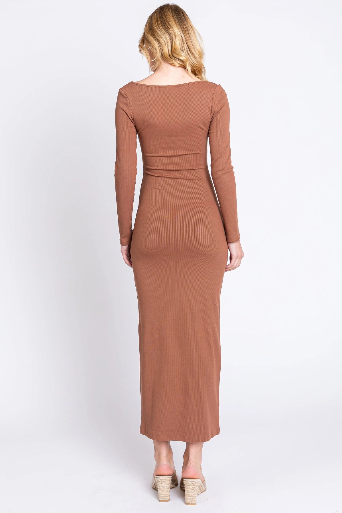 PinkBlush Mocha Ribbed Scoop Neck Midi Dress - 