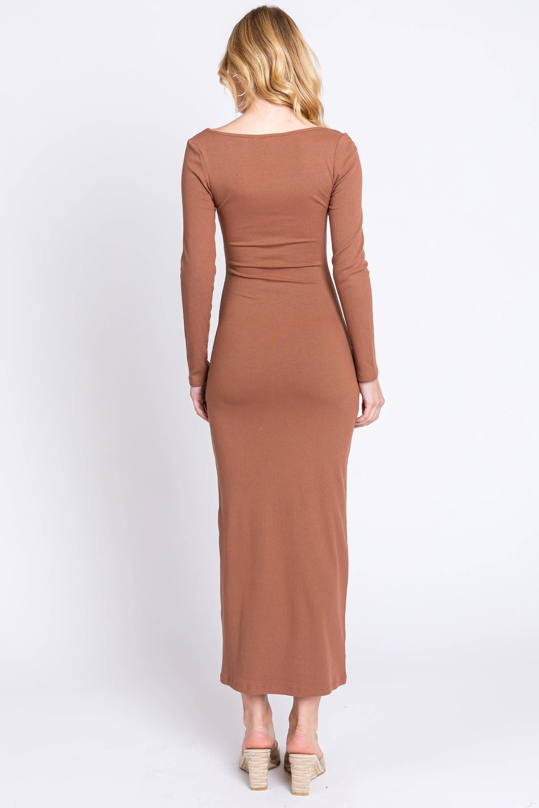 PinkBlush Mocha Ribbed Scoop Neck Midi Dress - 