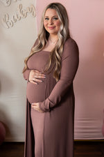 PinkBlush Mocha Ribbed Sleeveless Dress Cardigan Maternity Set - 