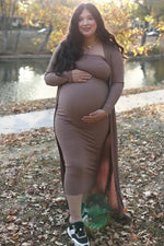 PinkBlush Mocha Ribbed Sleeveless Dress Cardigan Maternity Set - 