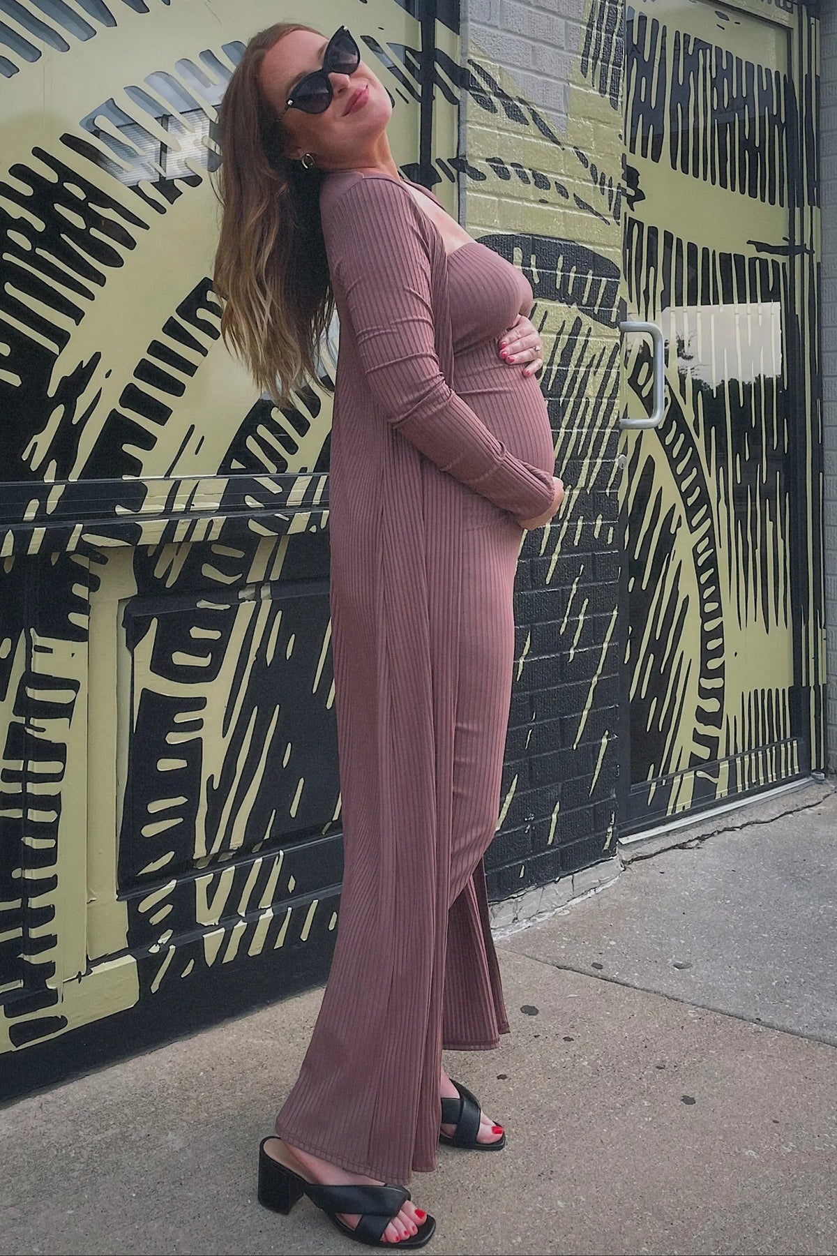 PinkBlush Mocha Ribbed Sleeveless Dress Cardigan Maternity Set - 
