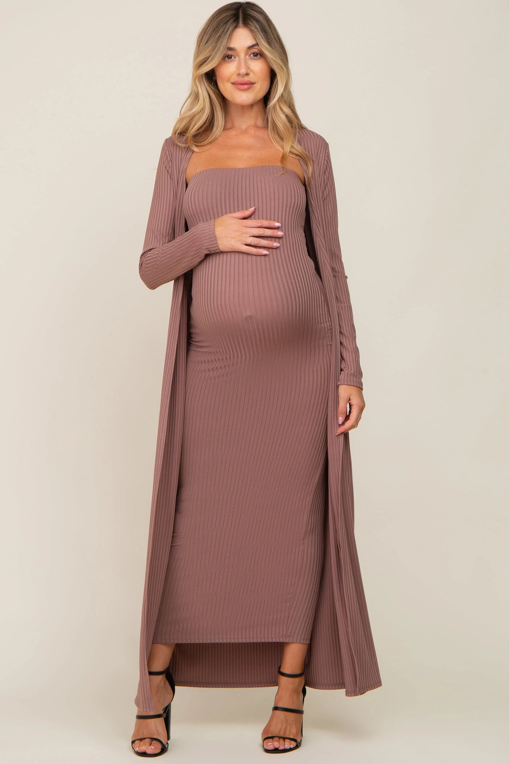 PinkBlush Mocha Ribbed Sleeveless Dress Cardigan Maternity Set - 