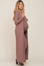 PinkBlush Mocha Ribbed Sleeveless Dress Cardigan Maternity Set - 
