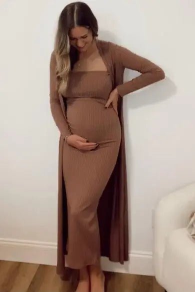 PinkBlush Mocha Ribbed Sleeveless Dress Cardigan Maternity Set - 