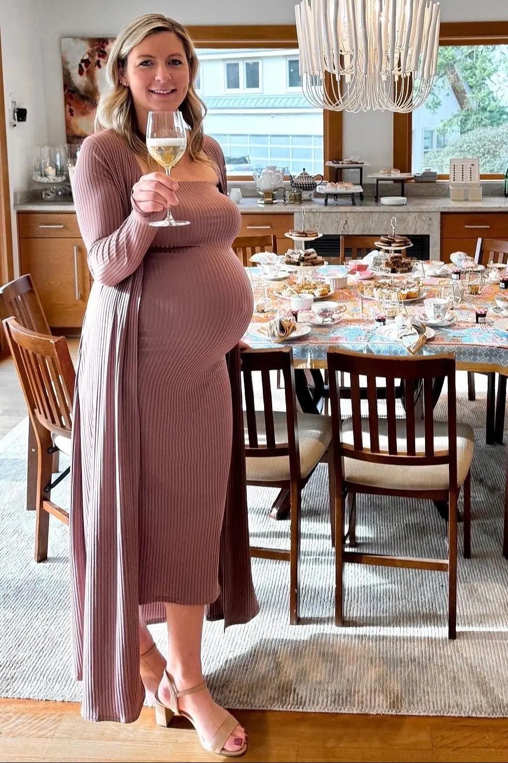 PinkBlush Mocha Ribbed Sleeveless Dress Cardigan Maternity Set - 