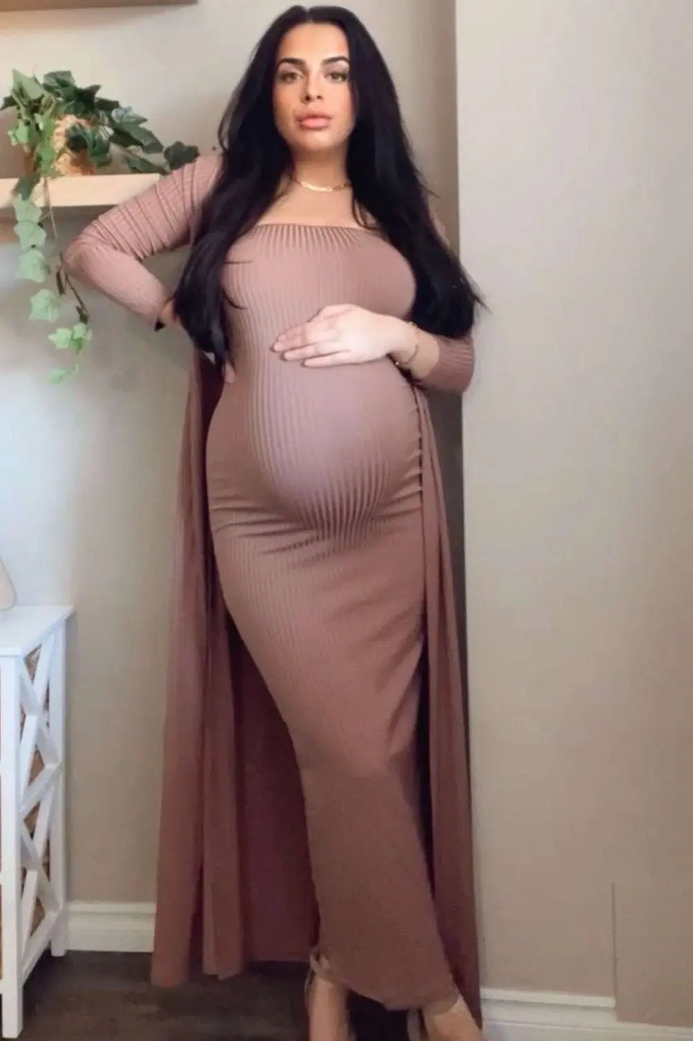 PinkBlush Mocha Ribbed Sleeveless Dress Cardigan Maternity Set - 