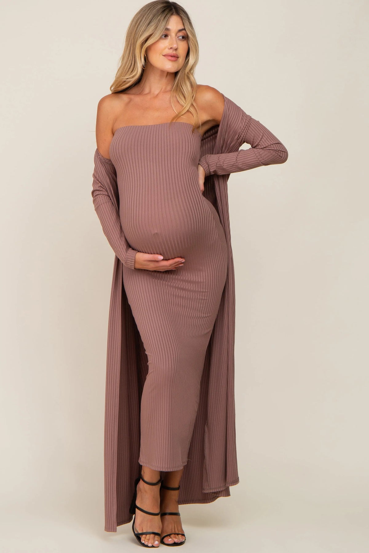 PinkBlush Mocha Ribbed Sleeveless Dress Cardigan Maternity Set - 