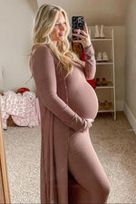 PinkBlush Mocha Ribbed Sleeveless Dress Cardigan Maternity Set - 