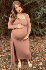 PinkBlush Mocha Ribbed Sleeveless Dress Cardigan Maternity Set - 