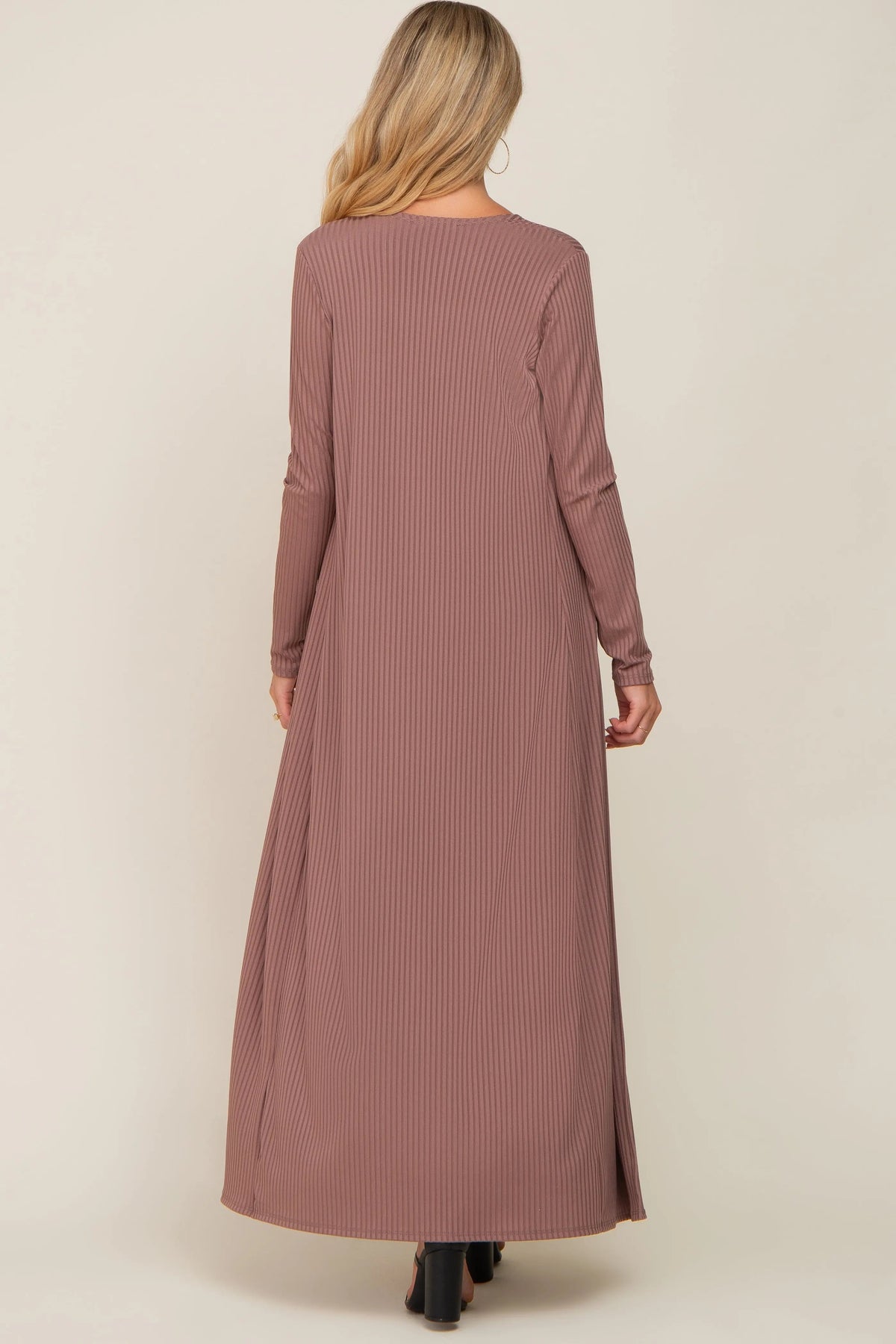 PinkBlush Mocha Ribbed Sleeveless Dress Cardigan Maternity Set - 