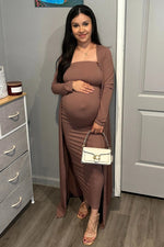 PinkBlush Mocha Ribbed Sleeveless Dress Cardigan Maternity Set - 