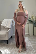 PinkBlush Mocha Ribbed Sleeveless Dress Cardigan Maternity Set - 