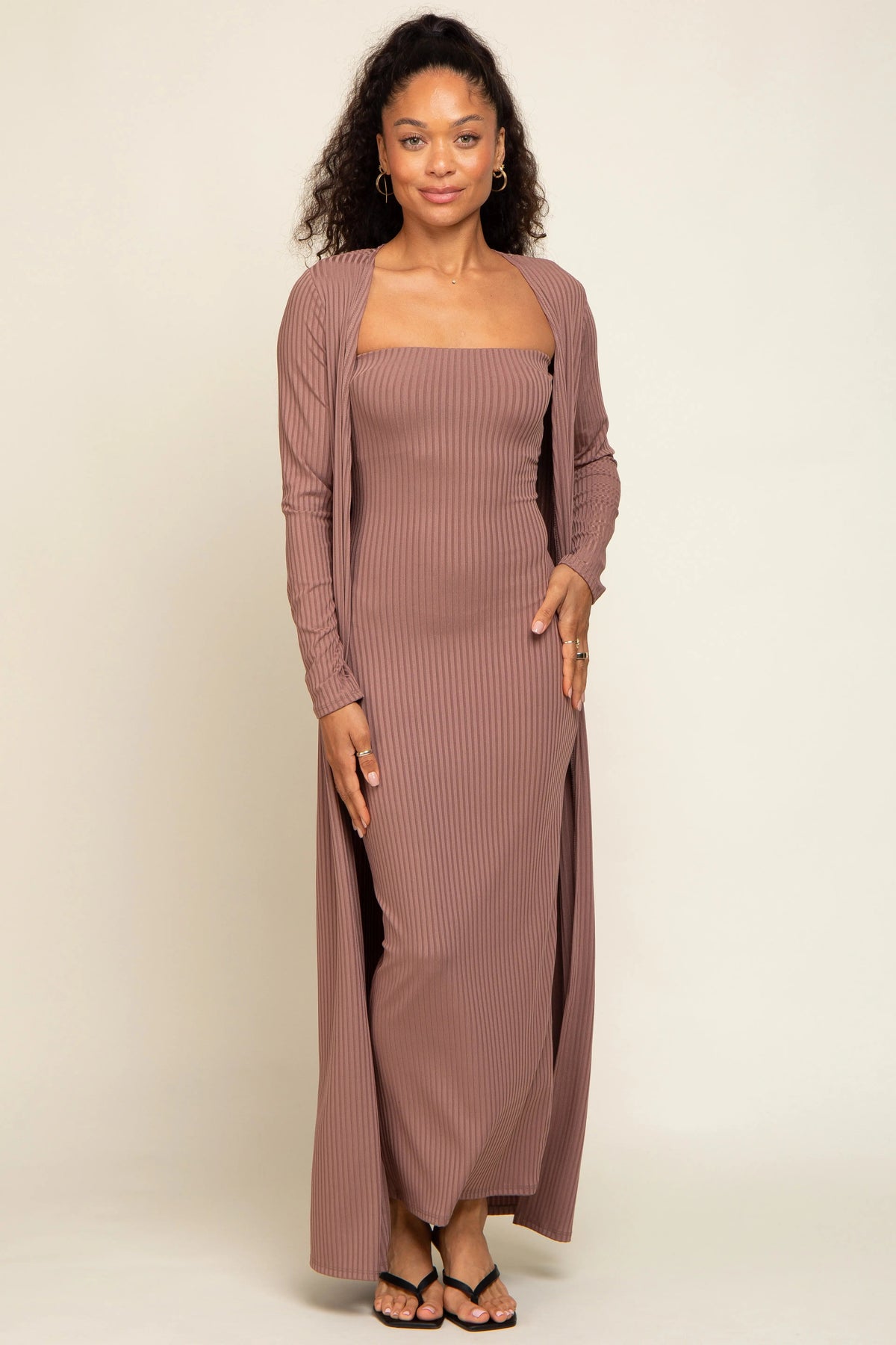PinkBlush Mocha Ribbed Sleeveless Dress Cardigan Set - 