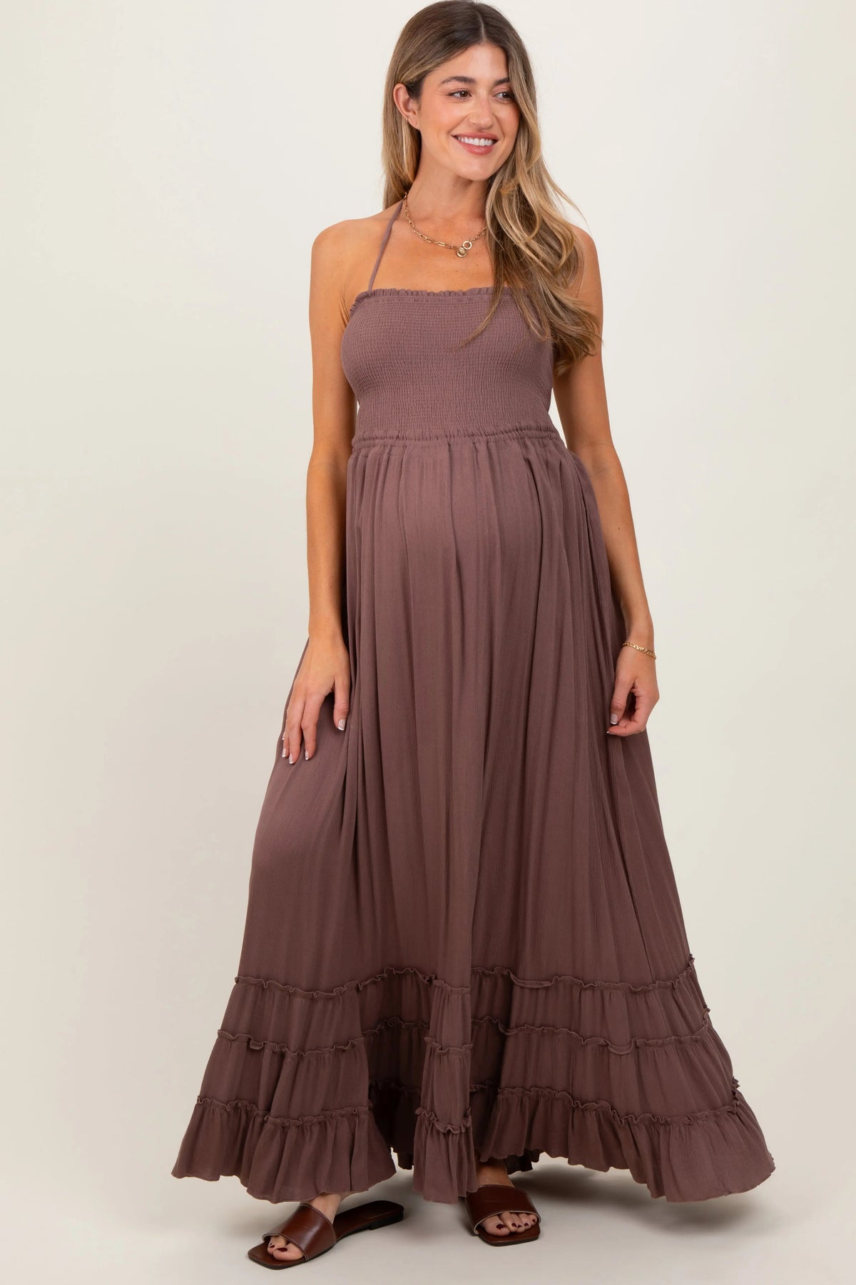 PinkBlush Mocha Smocked Woven Maternity Maxi Dress - 