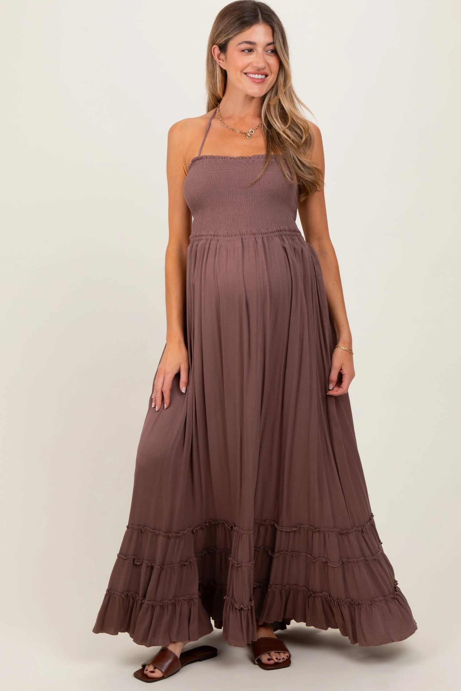 PinkBlush Mocha Smocked Woven Maternity Maxi Dress - 