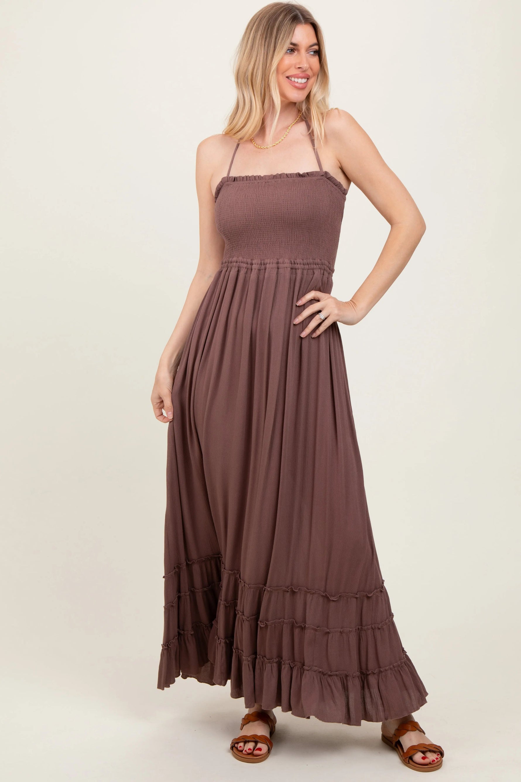 PinkBlush Mocha Smocked Woven Maternity Maxi Dress - 