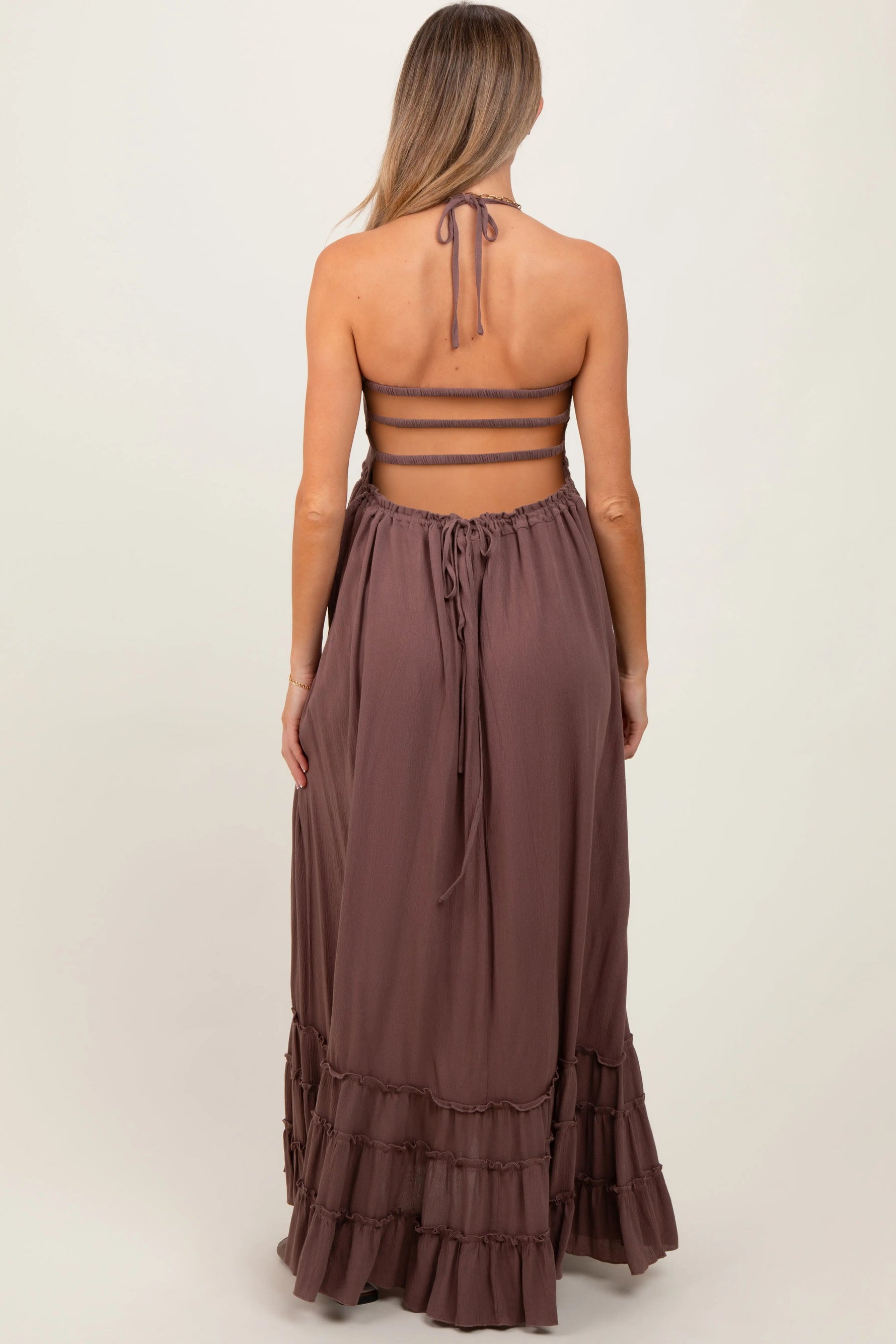 PinkBlush Mocha Smocked Woven Maternity Maxi Dress - 