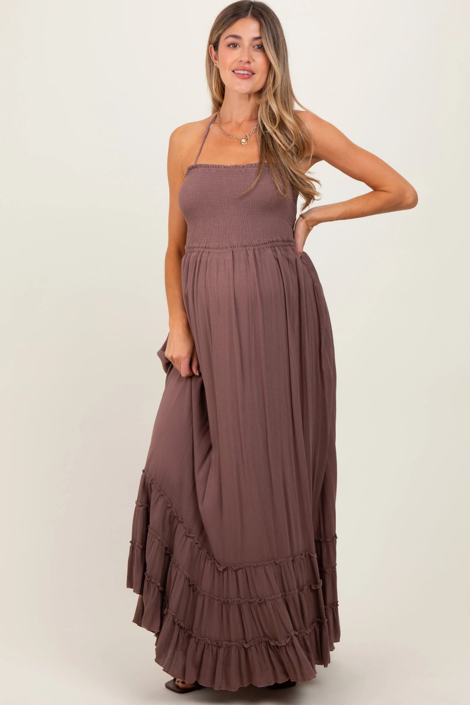 PinkBlush Mocha Smocked Woven Maternity Maxi Dress - 
