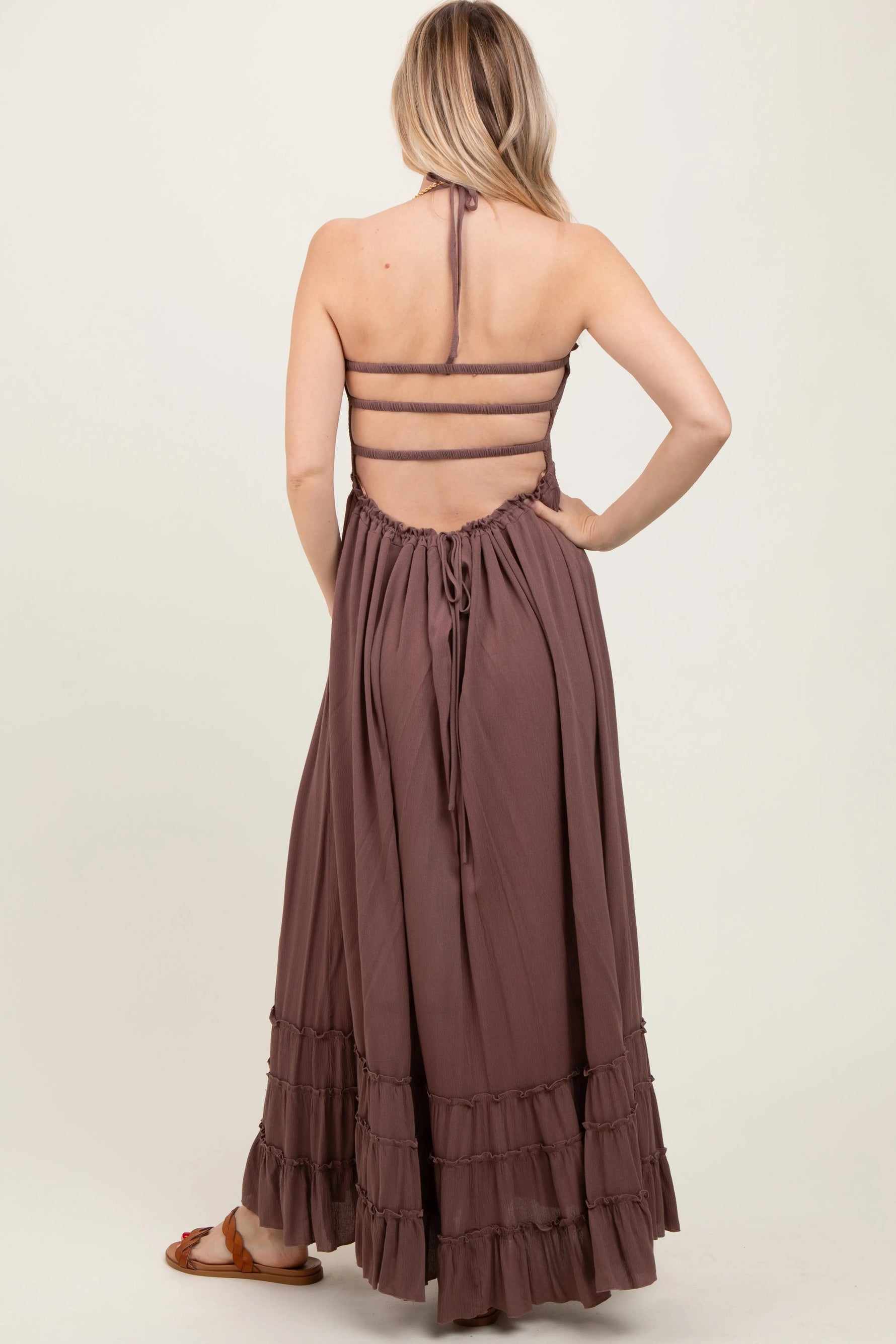 PinkBlush Mocha Smocked Woven Maxi Dress - 
