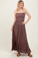 Mocha Smocked Woven Maxi Dress - Day Dress, One-piece garment, Gown, Person, Dress | Everetts Place